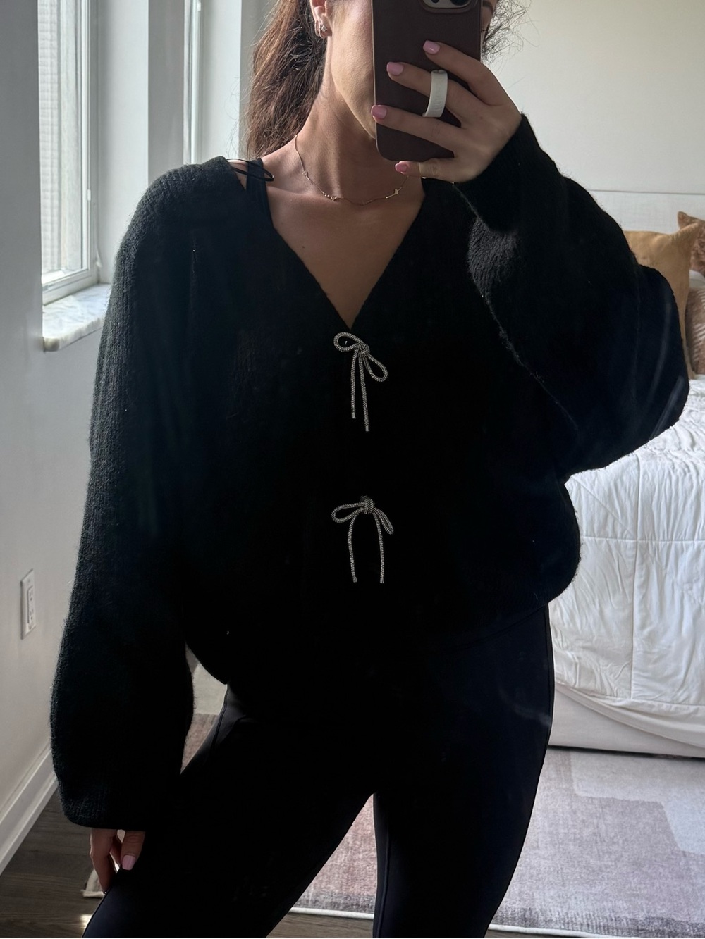H&M Black Crystal Bow Tie-Front Women's Sweater - Picture 2 of 7